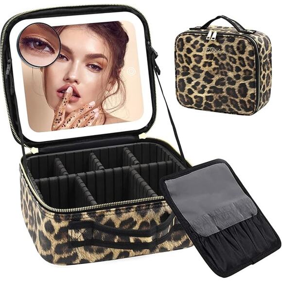 RRtide Handbags - Leopard Makeup Bag Light Up Mirror Travel Cosmetic Brush Organizer Storage Box